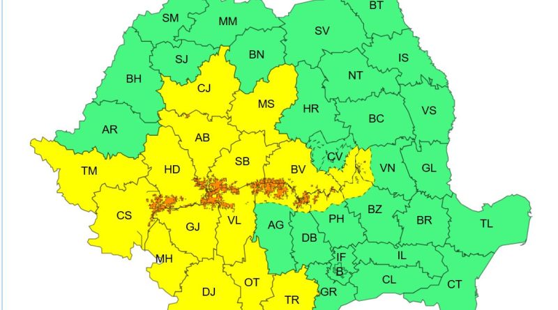 ANM: Avertizări de coduri GALBENE și PORTOCALII pentru județul Hunedoara