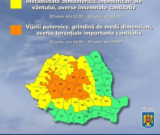 Vreme extremă în județul Hunedoara. Cod roșu de caniculă urmat de vijelii, grindină și ploi torențiale
