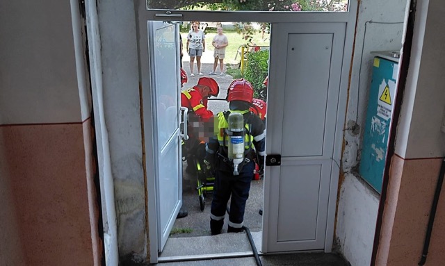 Un bărbat imobilizat la pat și un cățel, salvați de pompieri dintr-un apartament inundat de fum