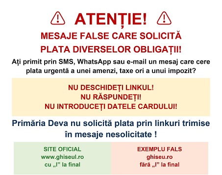 Atenție la mesajele false! Primăria Deva avertizează asupra tentativelor de fraudă privind plata taxelor și impozitelor