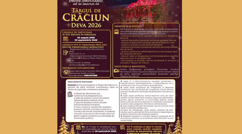 Primăria Municipiului Deva invită comercianții interesați să depună cereri pentru participarea la Târgul de Crăciun Deva 2026