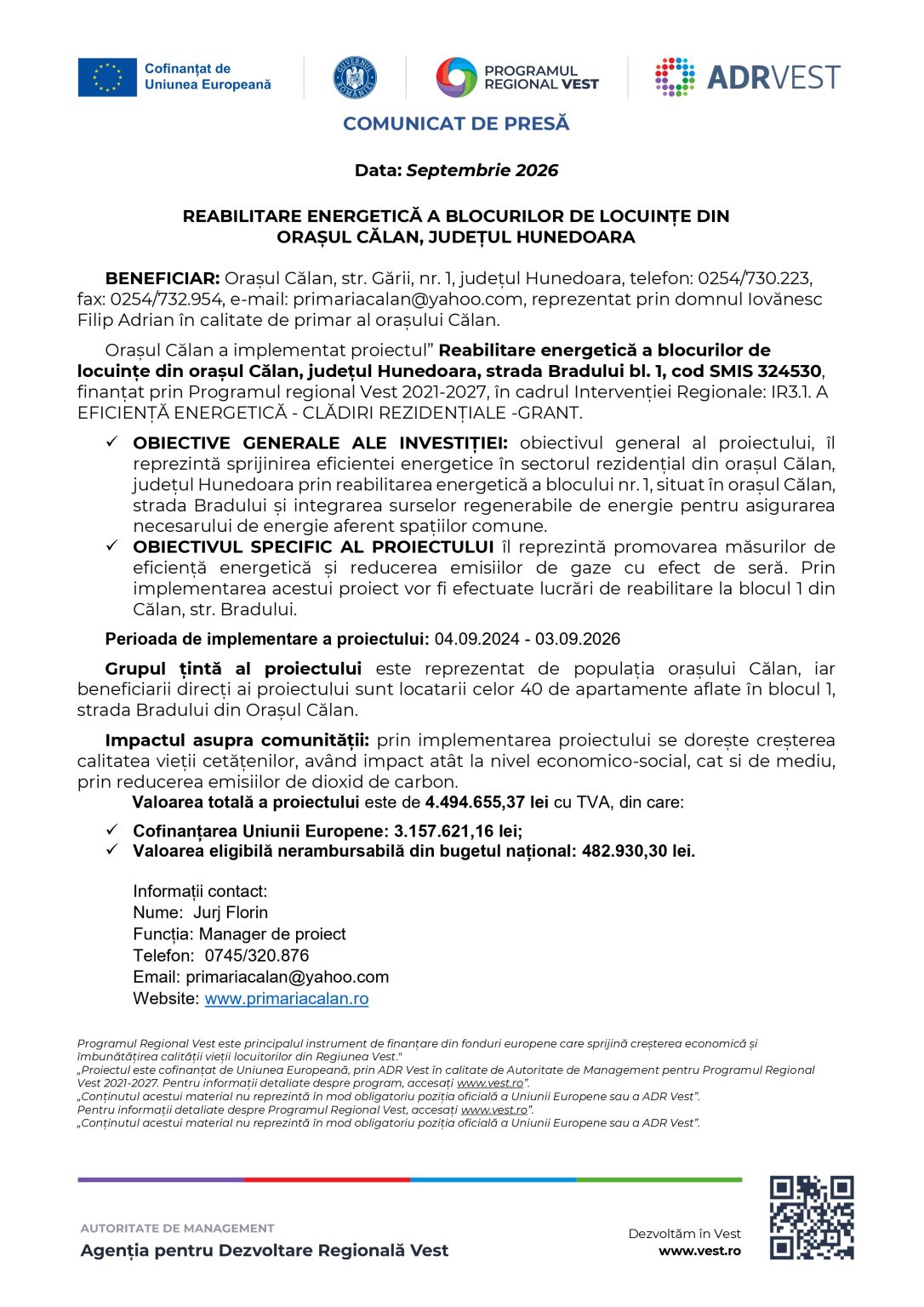 Reabilitare energetică a blocurilor de locuințe din orașul Călan, județul Hunedoara, strada Bradului bl. 1, cod SMIS 324530